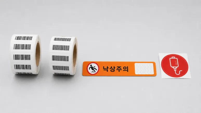 바코드 라벨 롤과 낙상주의 밴드, IV 봉인 스티커가 나란히 놓인 모습