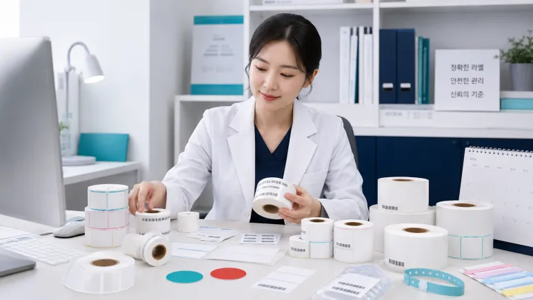 가운을 입은 사람이 책상 위 여러 바코드 라벨 롤 중 하나를 살펴보는 모습