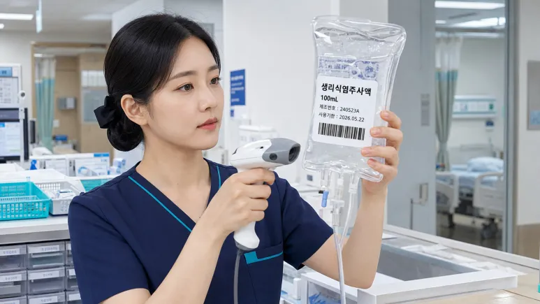 의료진이 스캐너로 수액 백에 붙은 바코드 라벨을 확인하는 모습