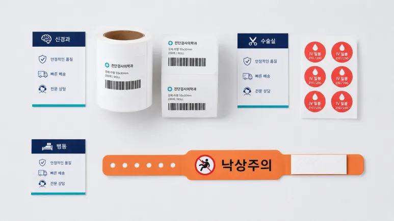 신경과, 수술실, 병동 등 진료과별 안내 카드와 바코드 라벨, 낙상주의 밴드가 함께 놓인 모습